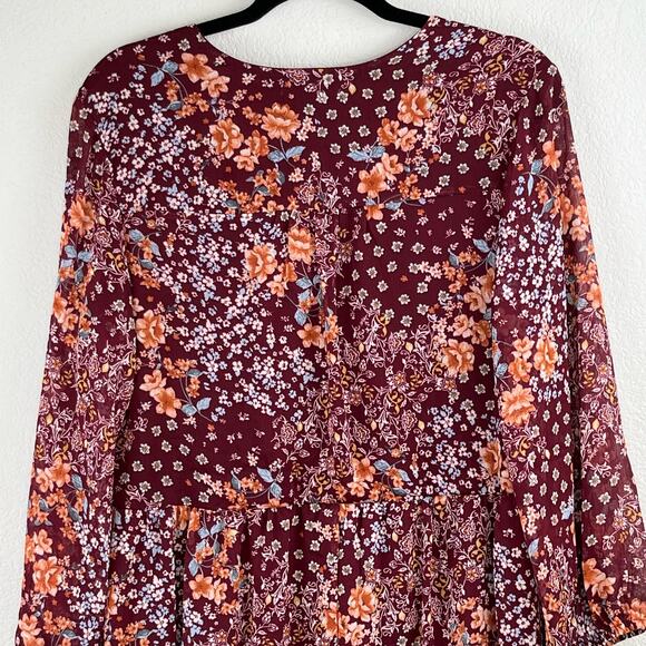 Sandra Darren Burgundy Floral Balloon Sleeve V-Neck Babydoll Mini Dress 6 NWT - Picture 10 of 15